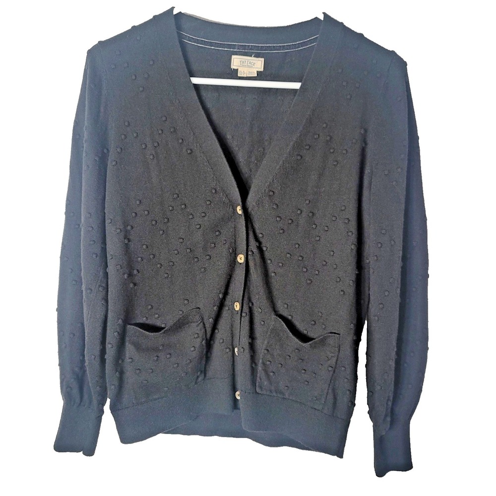 Fat Face Women Size 4 Black Knit V-Neck Cardigan Textured Casual Work Comfy